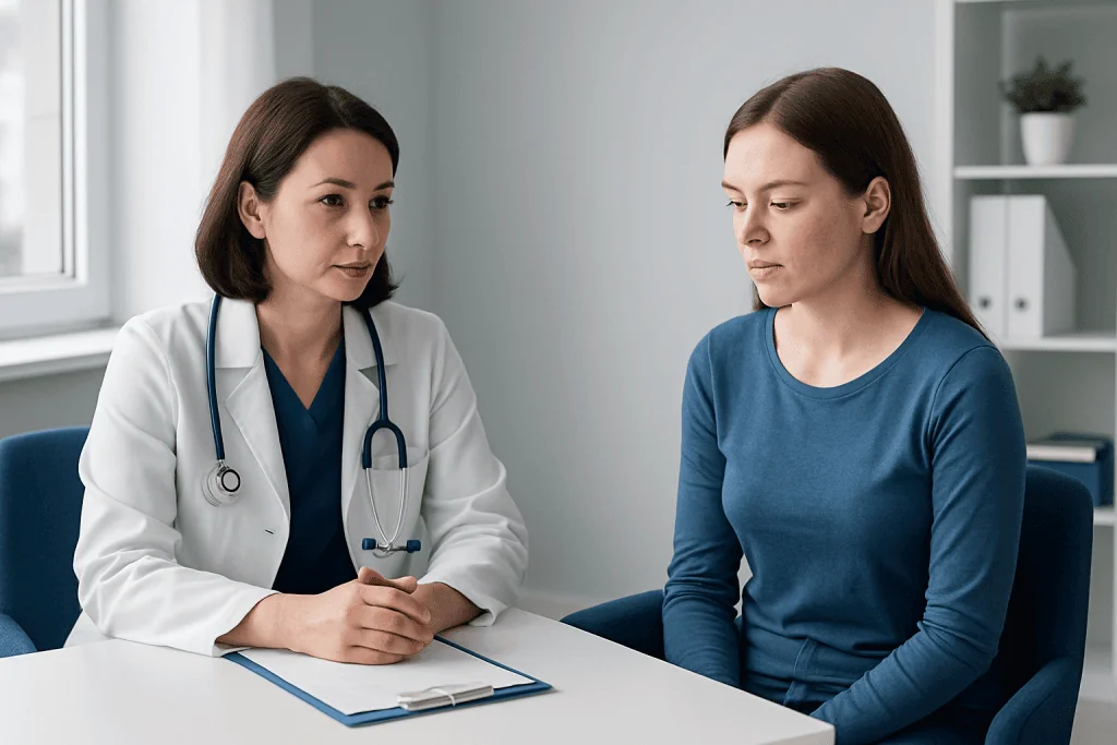 Doctor consulting with a young woman in a medical office setting.
