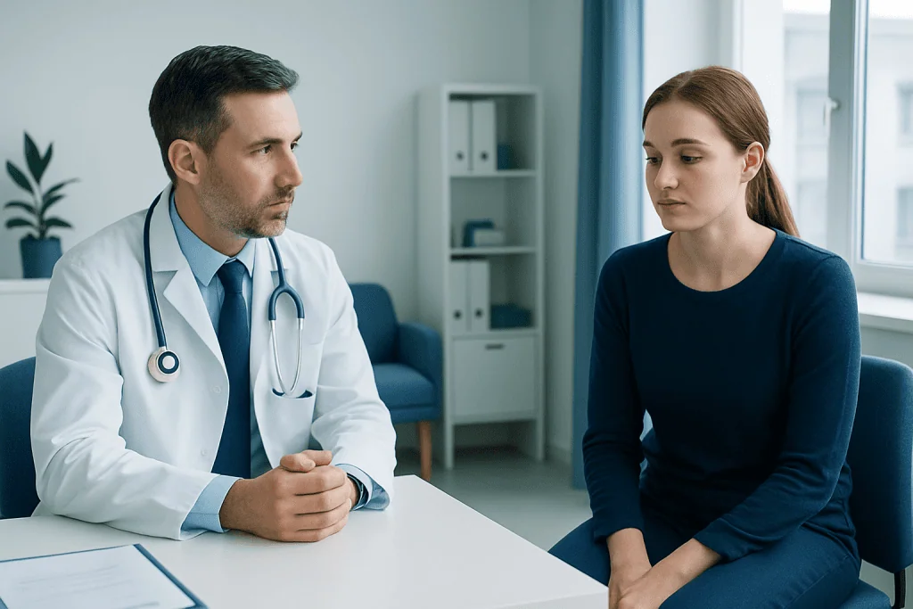 Doctor consulting with a young woman in a medical office.