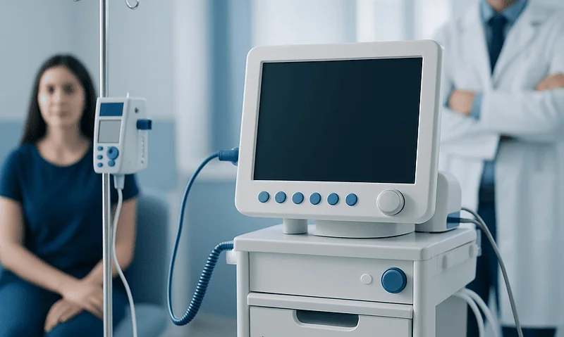 Medical monitor and IV drip in a hospital room with a patient and doctor.