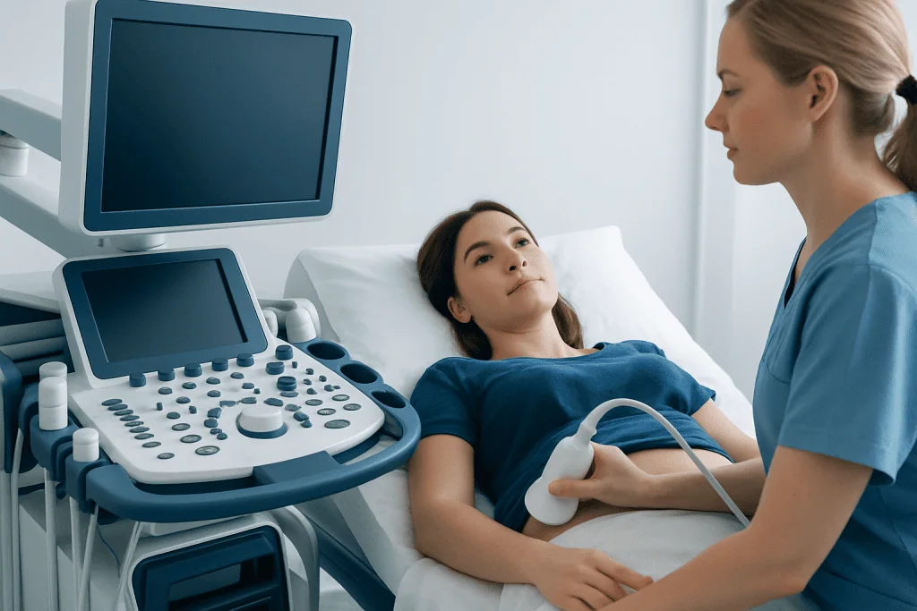 Medical professional performing an ultrasound on a patient in a hospital room.