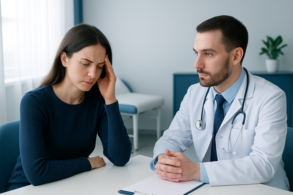 Doctor consulting with a woman experiencing headache in a medical office.