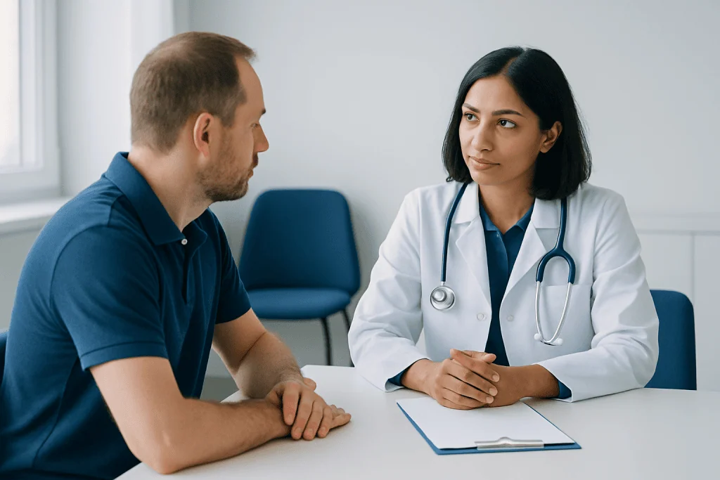 Doctor consulting with a male patient in a medical office setting.