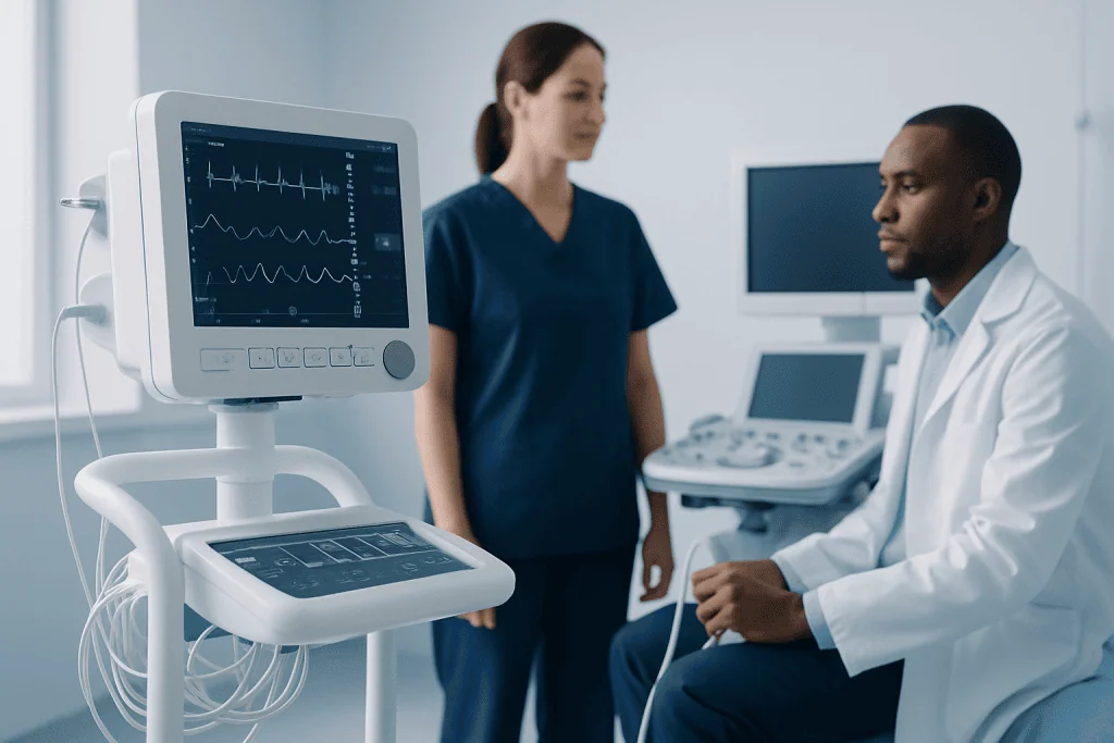 Medical professionals monitoring patient with ECG equipment at Acibadem Hospital.