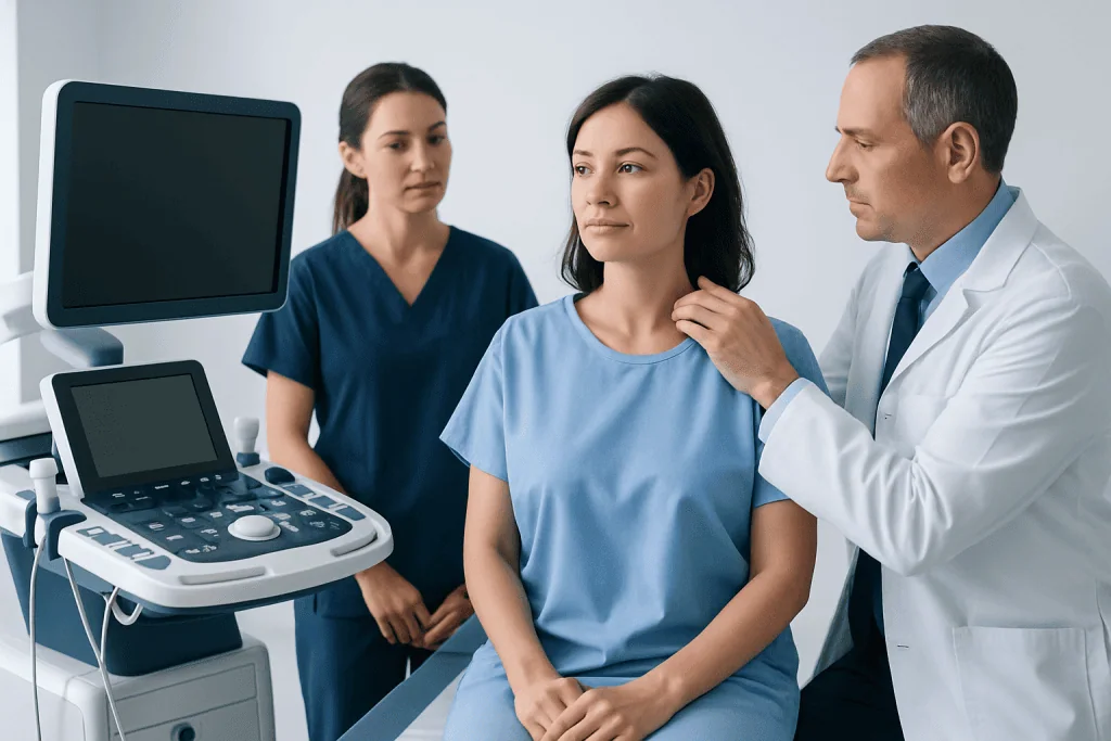 Doctor examines a woman with medical equipment in a clinical setting.