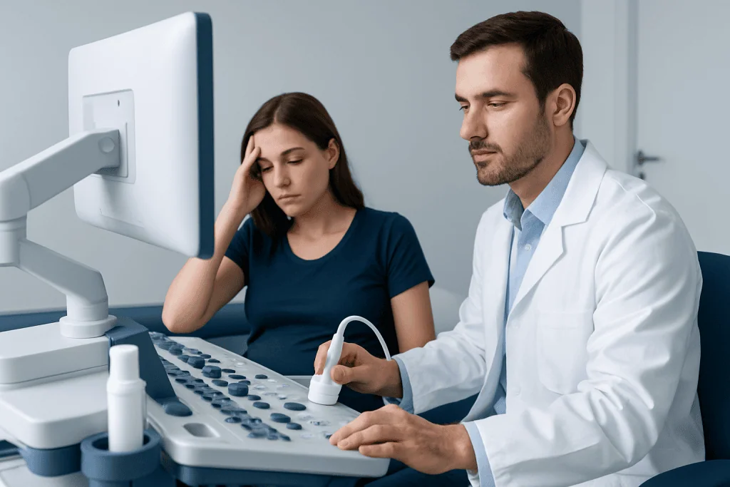 Doctor performing an ultrasound exam on a young woman in a medical clinic.