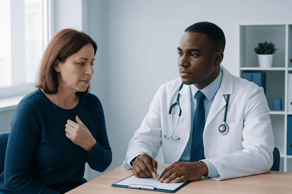 Doctor consulting with a female patient in a modern clinic setting.