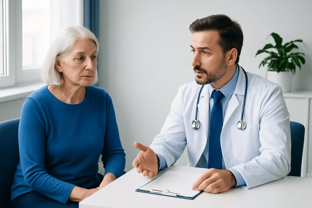 Doctor consulting with an elderly woman in a medical office.