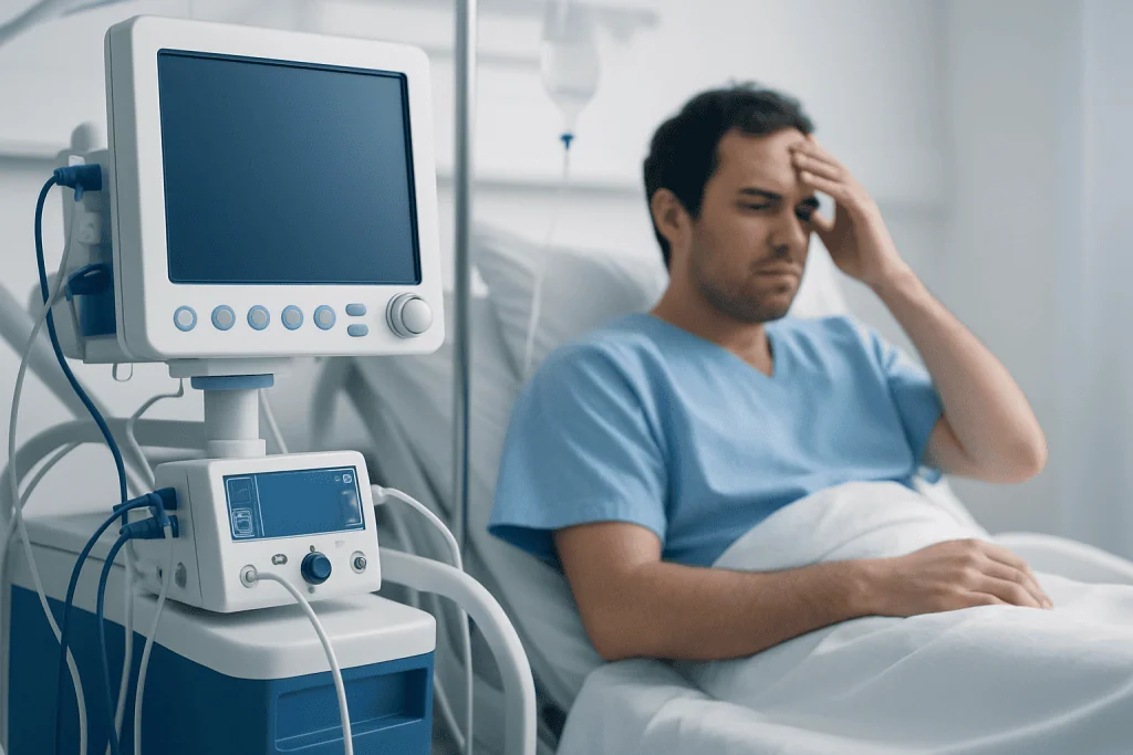 Man in hospital bed with medical monitors, appearing distressed.