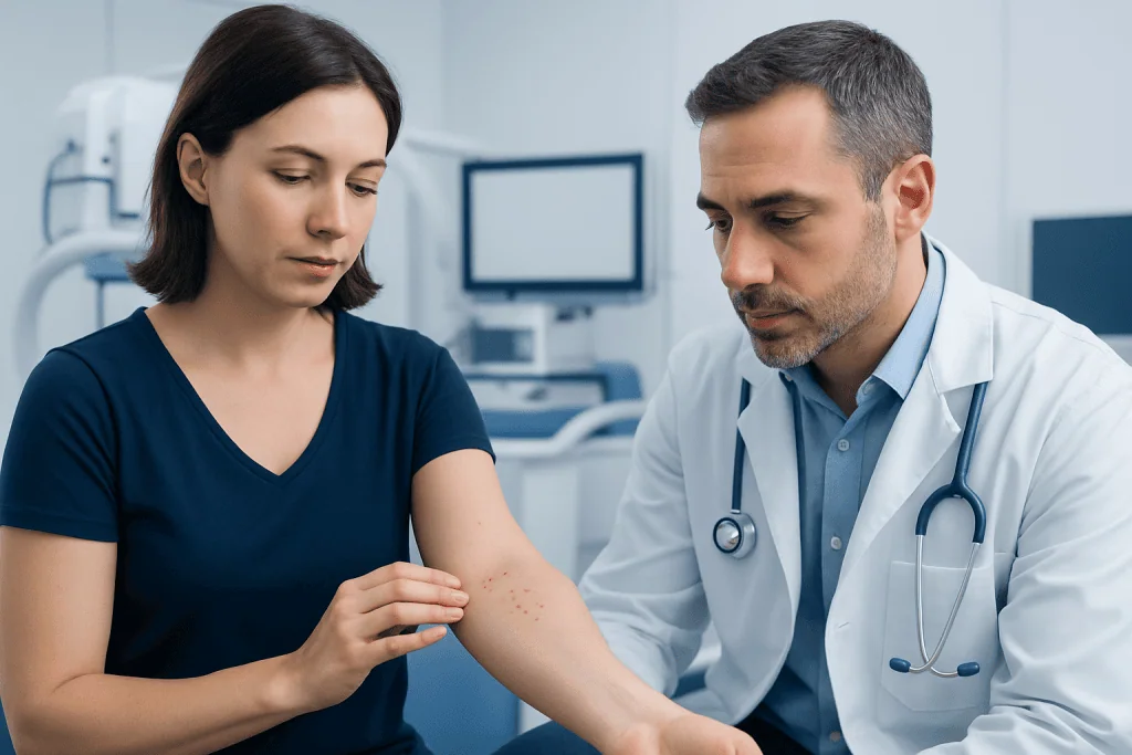 Doctor examining red skin dots on patient's arm in a clinical setting.