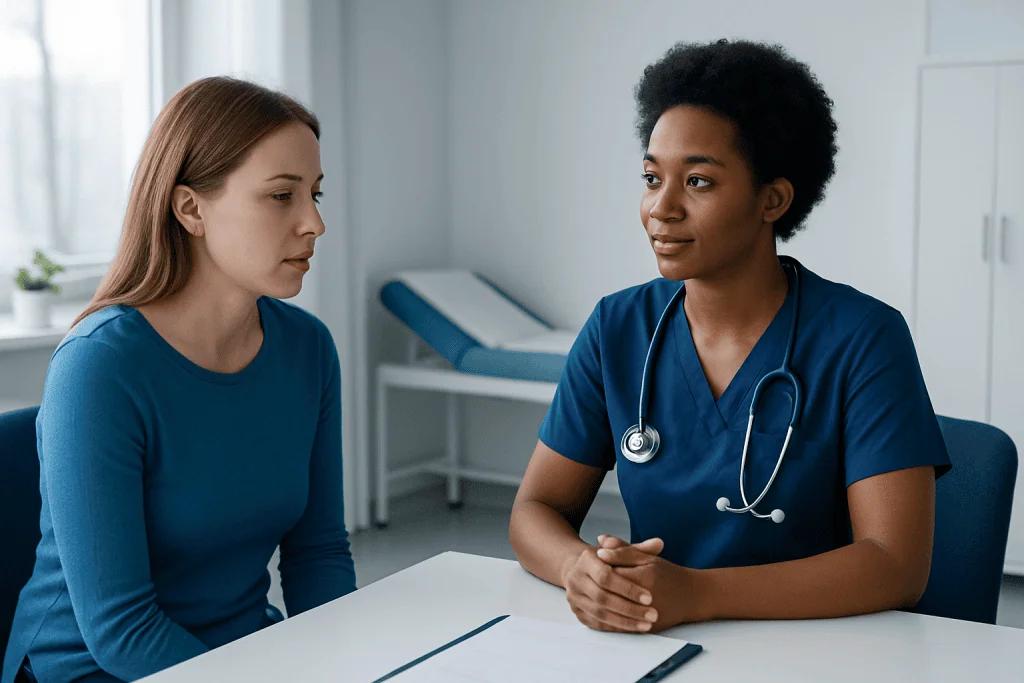 Doctor consulting with patient in a medical office setting.