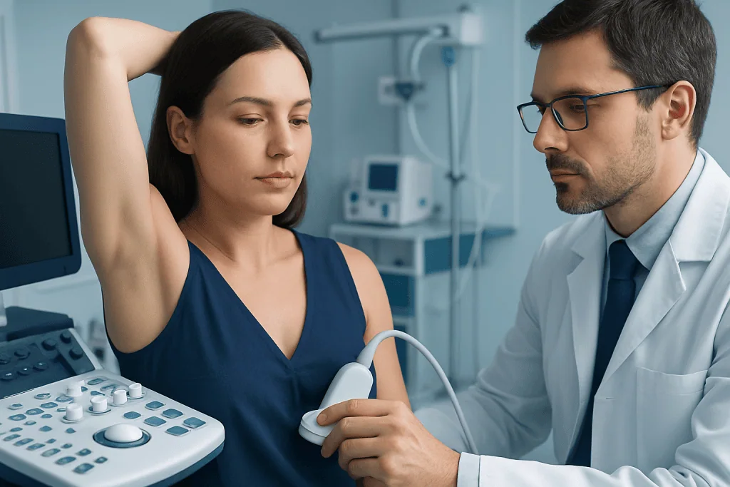 Medical examination of a woman with an ultrasound device in a hospital setting.