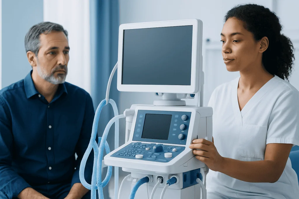 Medical professional explains ultrasound to patient in clinic setting.