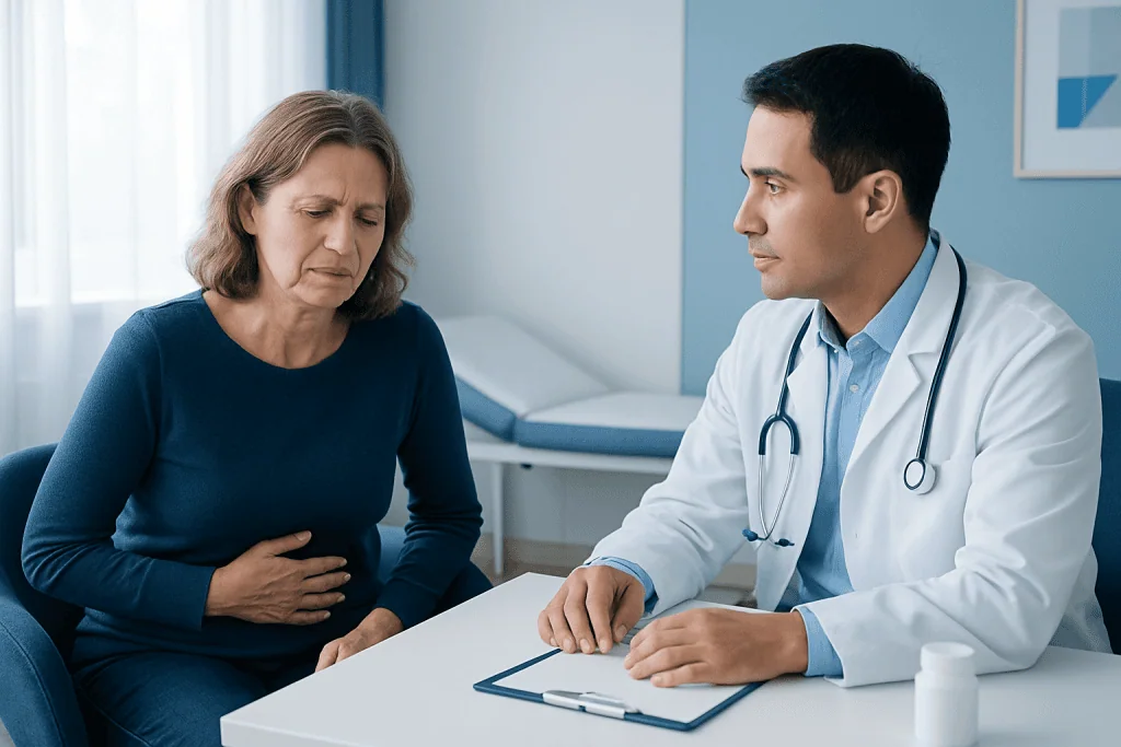 Doctor consulting with an elderly woman in a medical office.