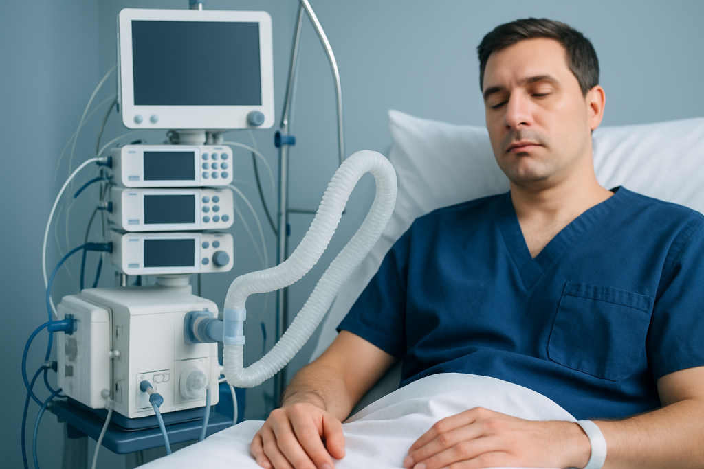 Patient in hospital bed connected to medical ventilator and monitoring equipment.