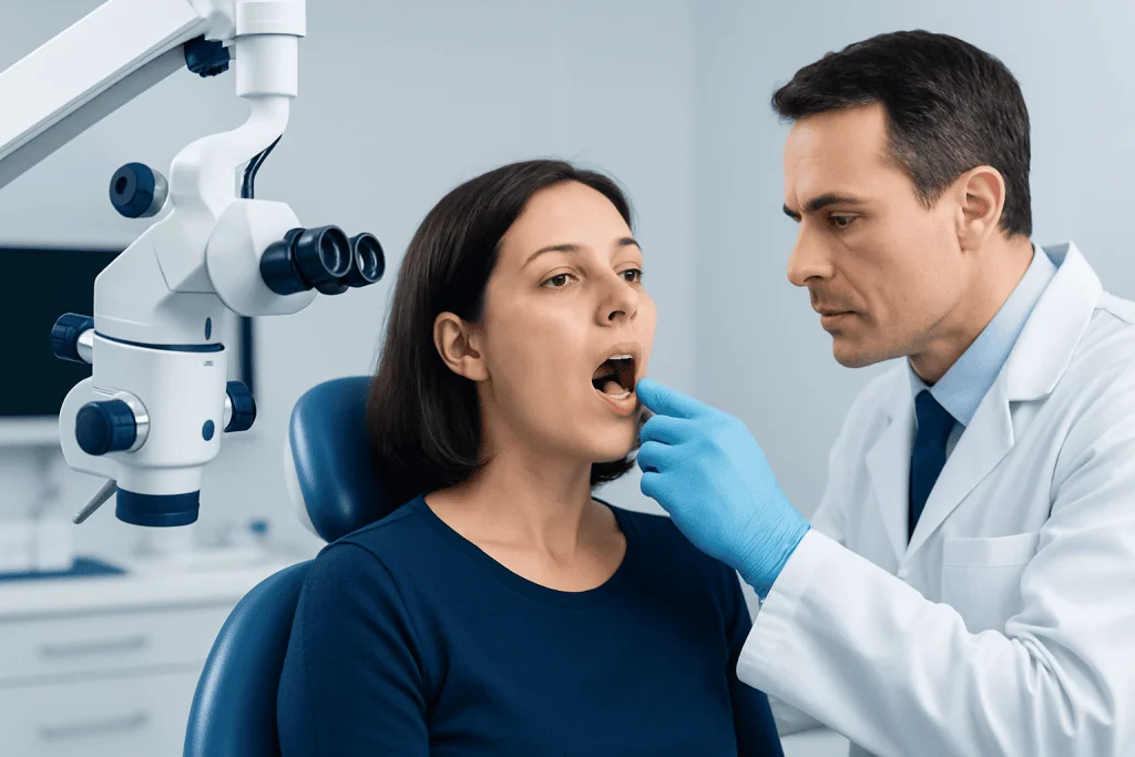 Doctor examining patient's mouth with dental microscope in clinic.