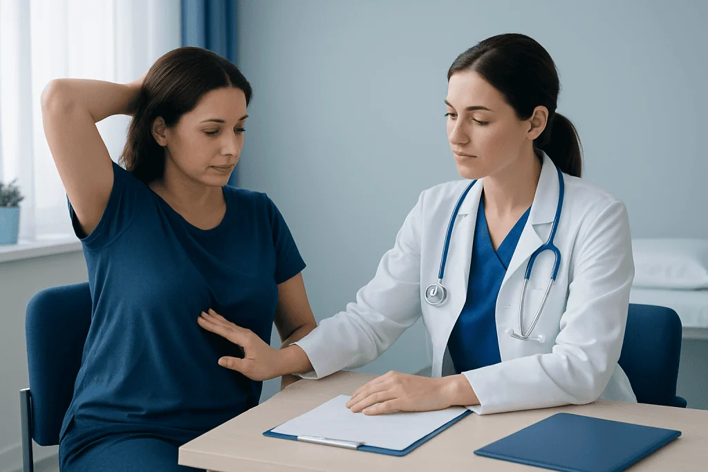Doctor examining a woman with a lump in her armpit during consultation.