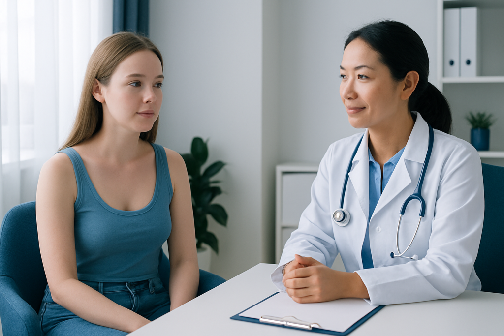 Female patient consulting with a doctor in a medical office.