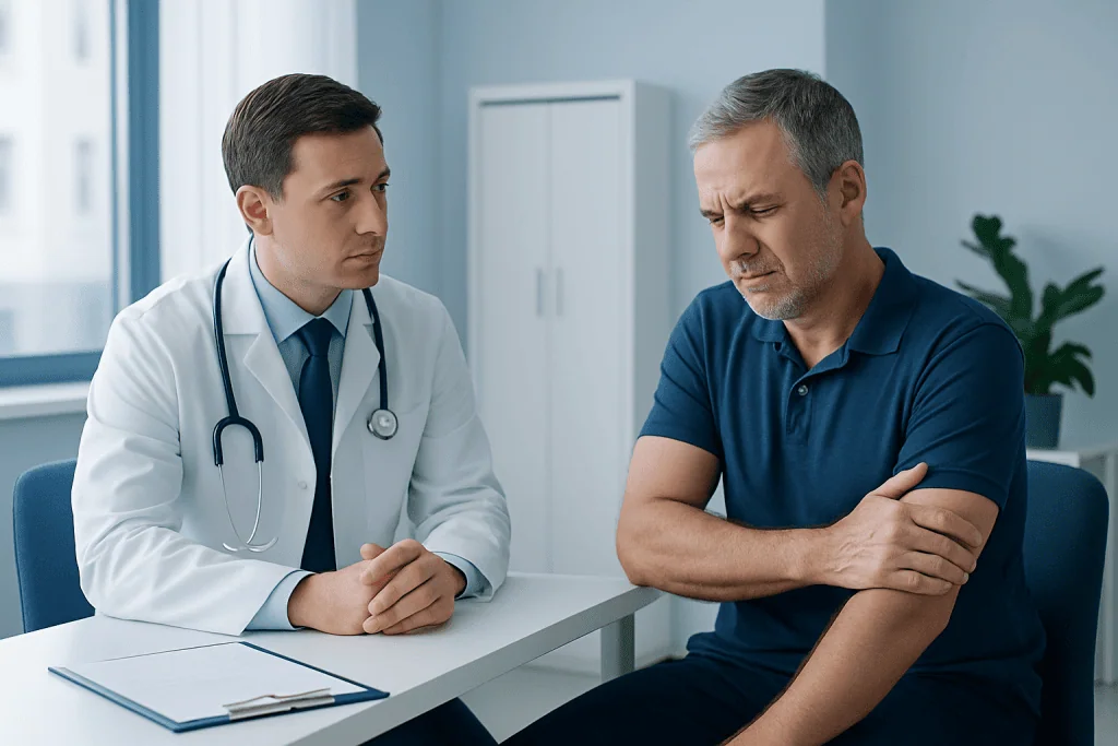 Doctor consulting with middle-aged male patient in clinic.