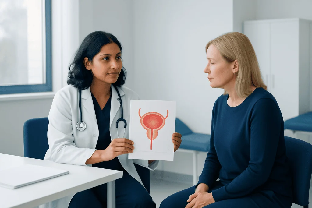 Urologist explaining bladder health to a patient with bladder diagram.