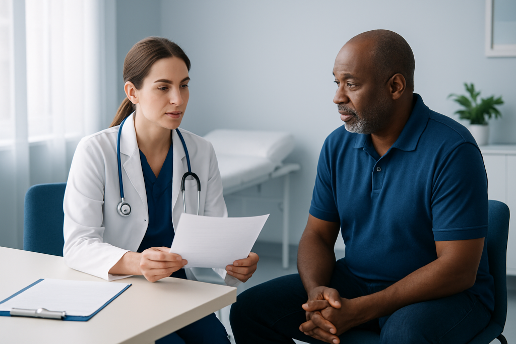 Doctor discussing blood test results with a patient in a clinical setting.