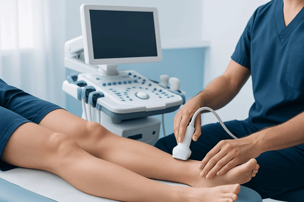 Medical professional performing an ultrasound on a patient's leg in a clinical setting.