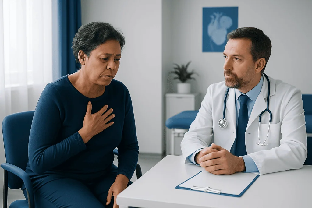 Doctor consulting with a patient about heart health in a medical office.