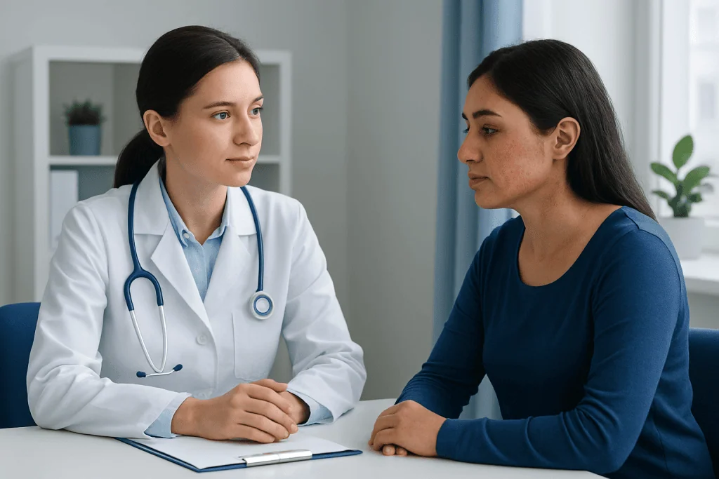 Doctor consulting a patient about skin rashes in a clinical setting.