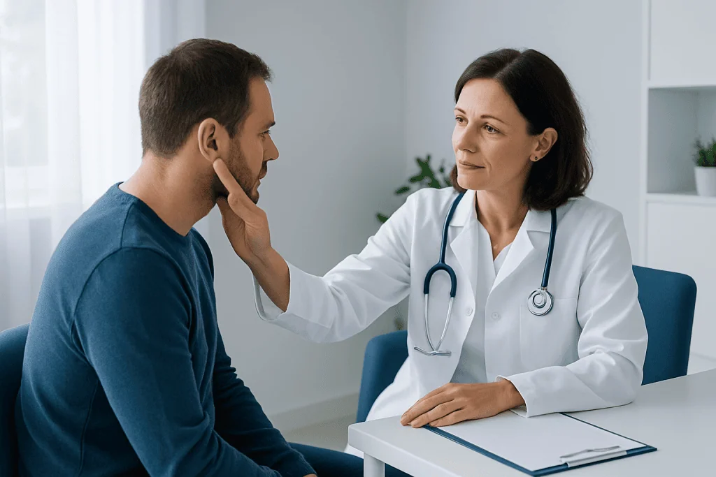 Doctor examining a patient's throat in a medical consultation room.