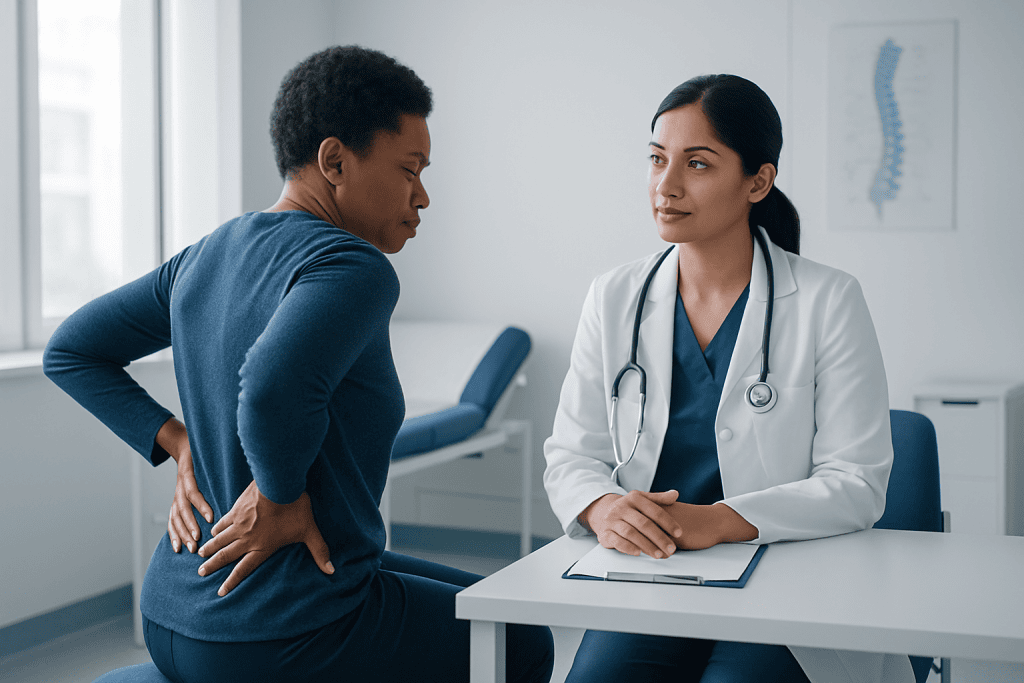 Doctor consulting patient with back pain in a medical office.