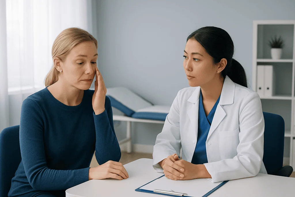 Doctor consulting a patient with dry skin around the eyes in a clinical setting.