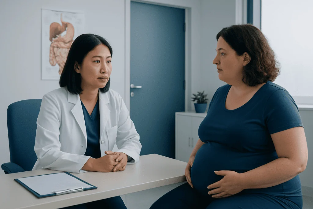 Doctor consulting with a patient about abdominal health and B belly issues.