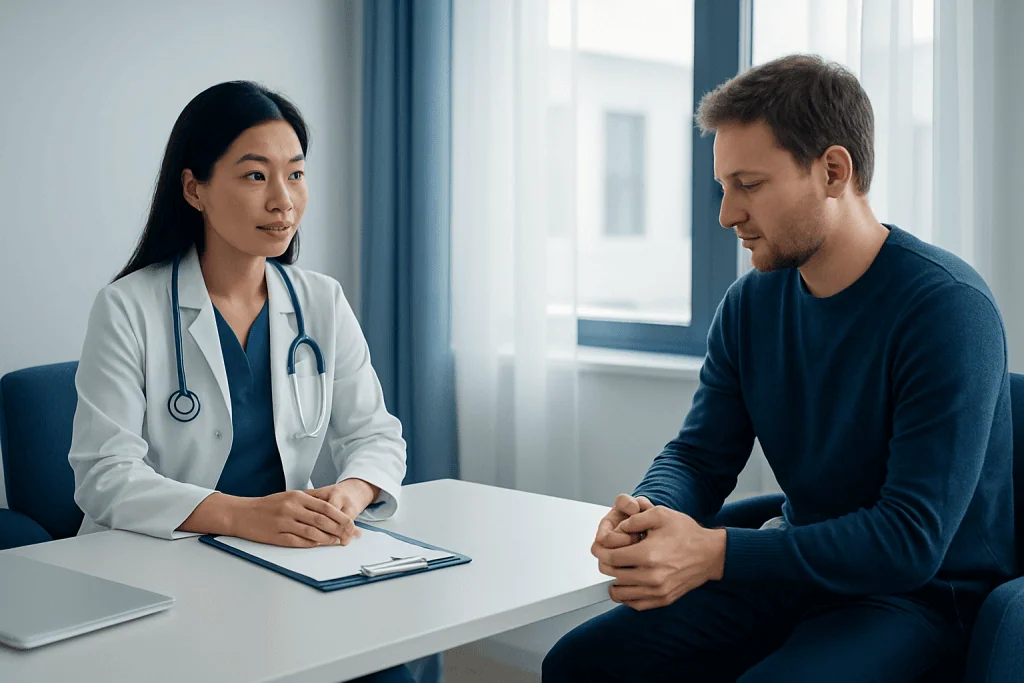 Doctor consulting with a patient in a medical office setting.