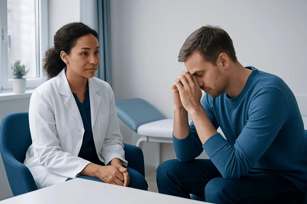 Therapist listening to a distressed man in a counseling session at Acibadem Hospitals.
