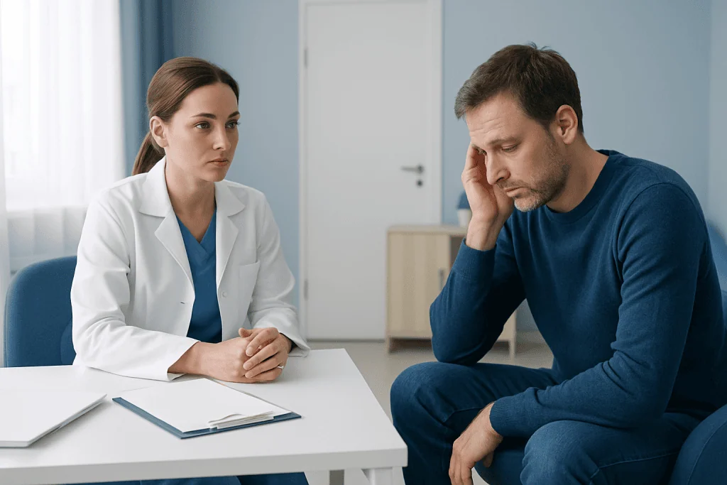Doctor consulting with a patient about sleep issues in a clinical setting.