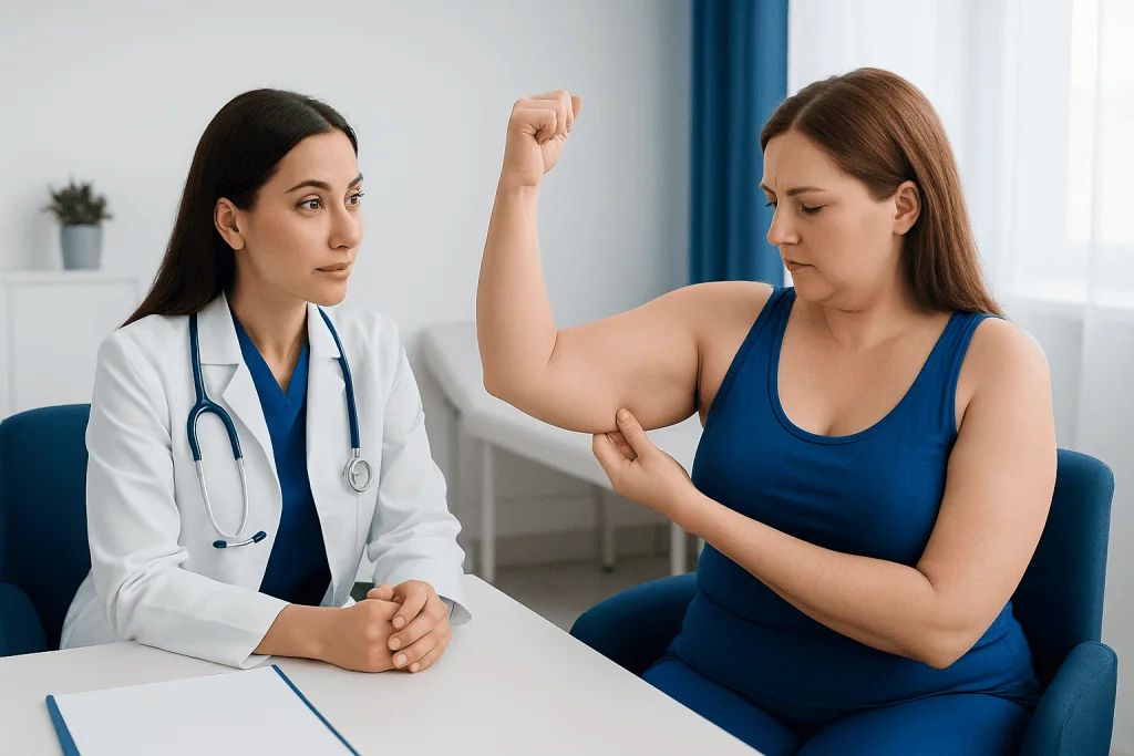 Doctor consulting with a woman about arm fat in a medical office.