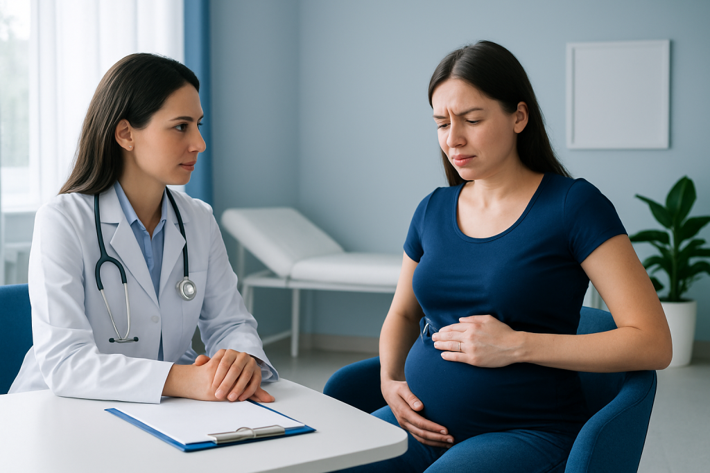 Pregnant woman consulting with doctor about abdominal discomfort.