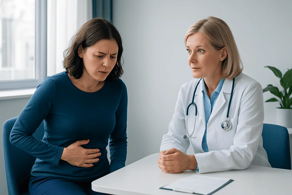 Woman experiencing stomach pain during medical consultation at Acibadem Hospital.