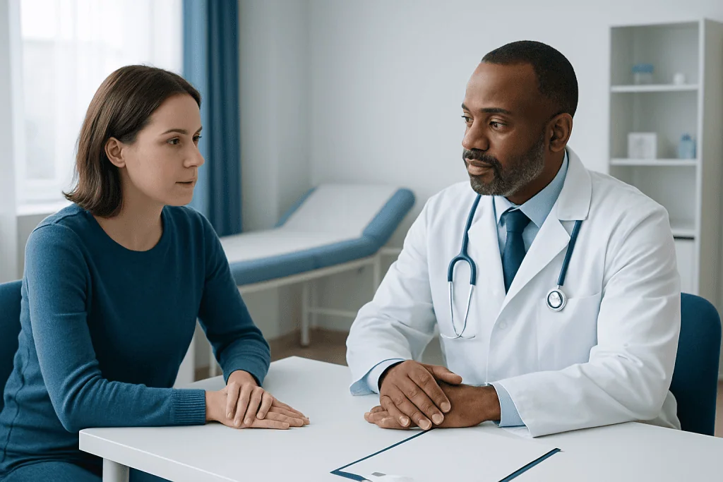 Doctor consulting with young female patient in a medical office.
