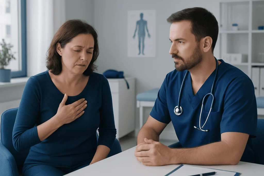 Female patient experiencing chest discomfort during medical consultation.