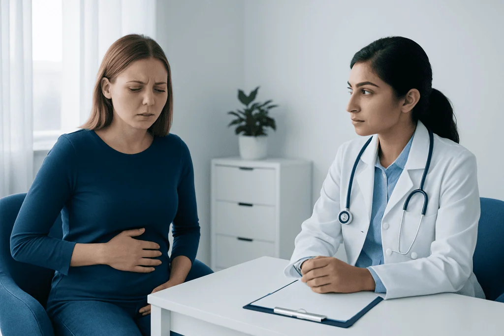 Doctor consulting with a patient about stomach discomfort and bloating.
