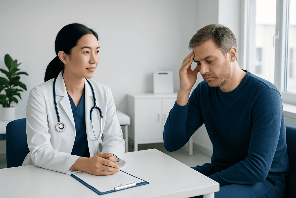 Doctor consulting with a male patient in a modern medical office.