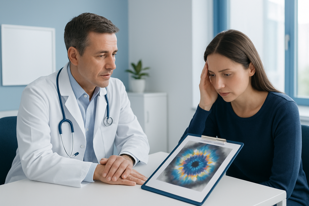 Doctor explaining kaleidoscope vision to patient using tablet.