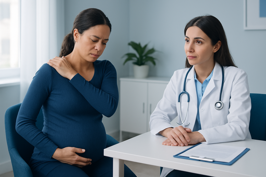 Pregnant woman consulting with a doctor about shoulder pain during pregnancy.