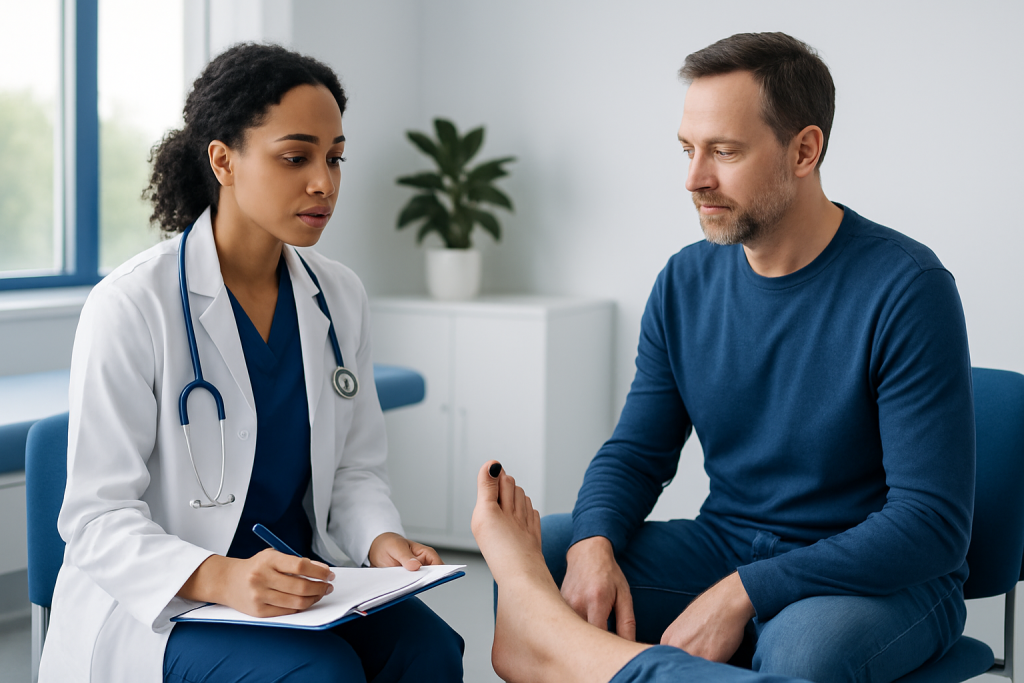 Doctor consulting with patient about toenail health in a clinical setting.