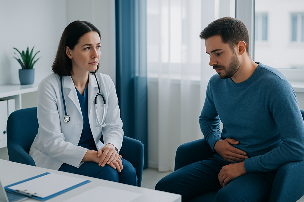 Doctor consulting with male patient in a medical office.