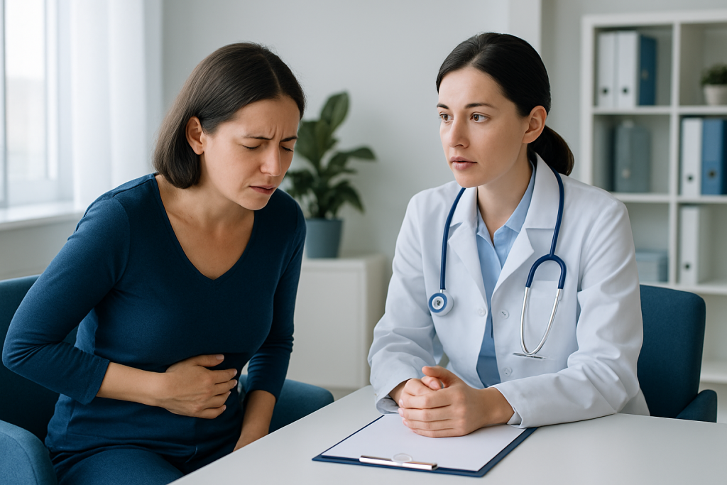Woman experiencing stomach pain consulting a doctor in a medical office.