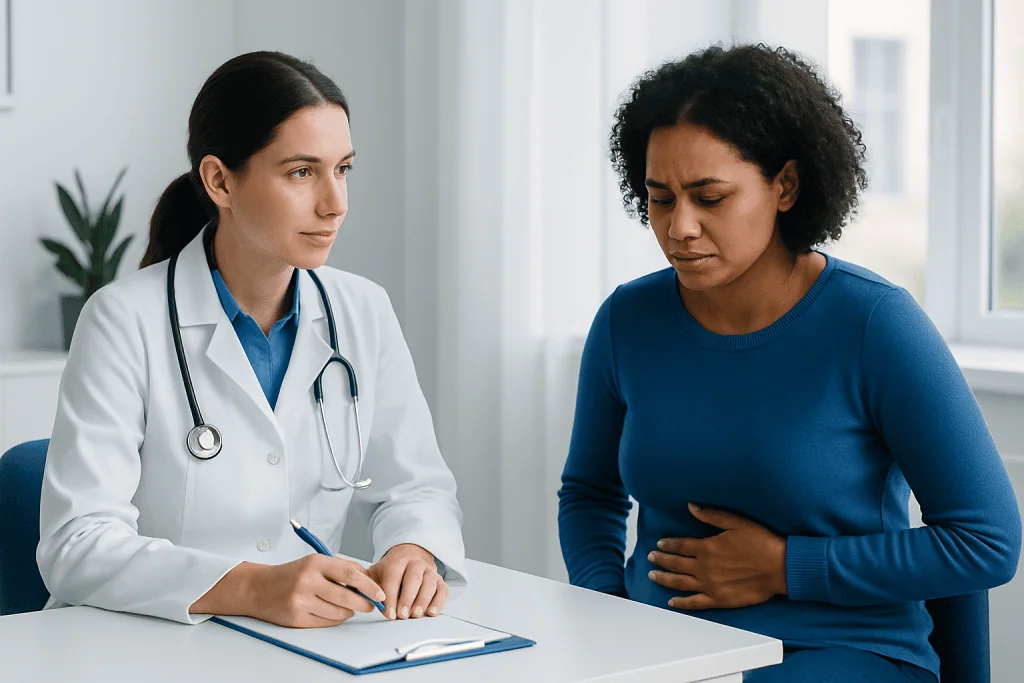 Doctor consulting with a woman about stomach pain and diarrhea.
