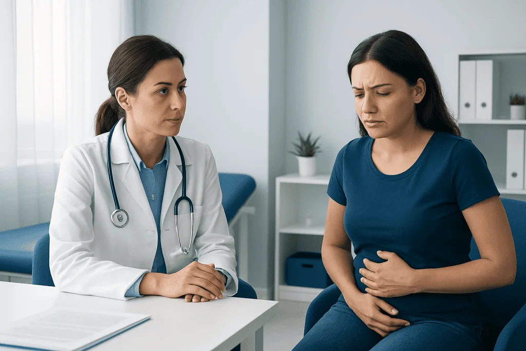 Doctor consulting patient with stomach pain in a medical office.