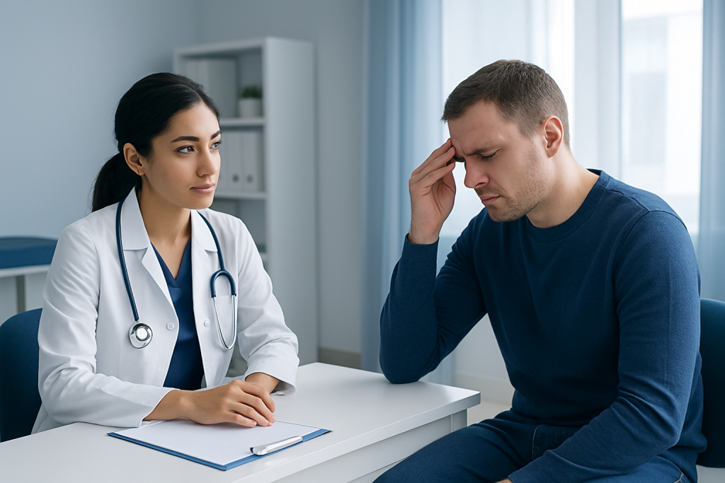 Doctor consulting with a patient experiencing headache and cough symptoms.