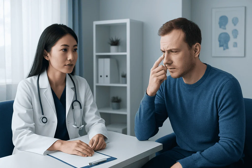 Doctor consulting with patient about nose twitching symptoms.